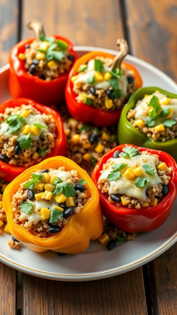 Quinoa Stuffed Bell Peppers Recipe Colorful stuffed bell peppers filled with quinoa, black beans, and corn, garnished with cilantro.
